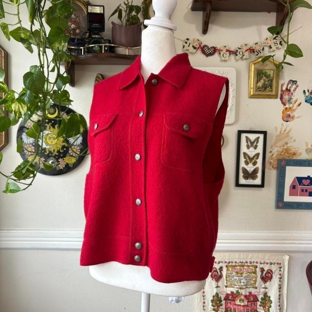 Vintage Lands End Size 14 Red Wool Sweater Vest Western Rodeo Ranch Wear